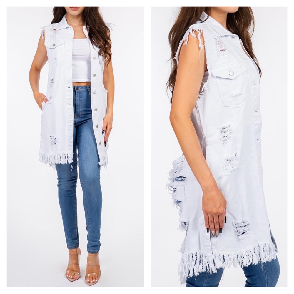 Distressed and Frayed Long White Denim Jacket Vest